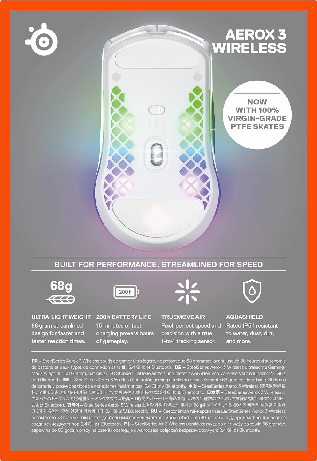 Aerox 3 Wireless - Super Light Gaming Mouse - 18,000 CPI Truemove Air Optical Sensor - Ultra-Lightweight 68G Water Resistant Design - 200 Hour Battery Life – Snow