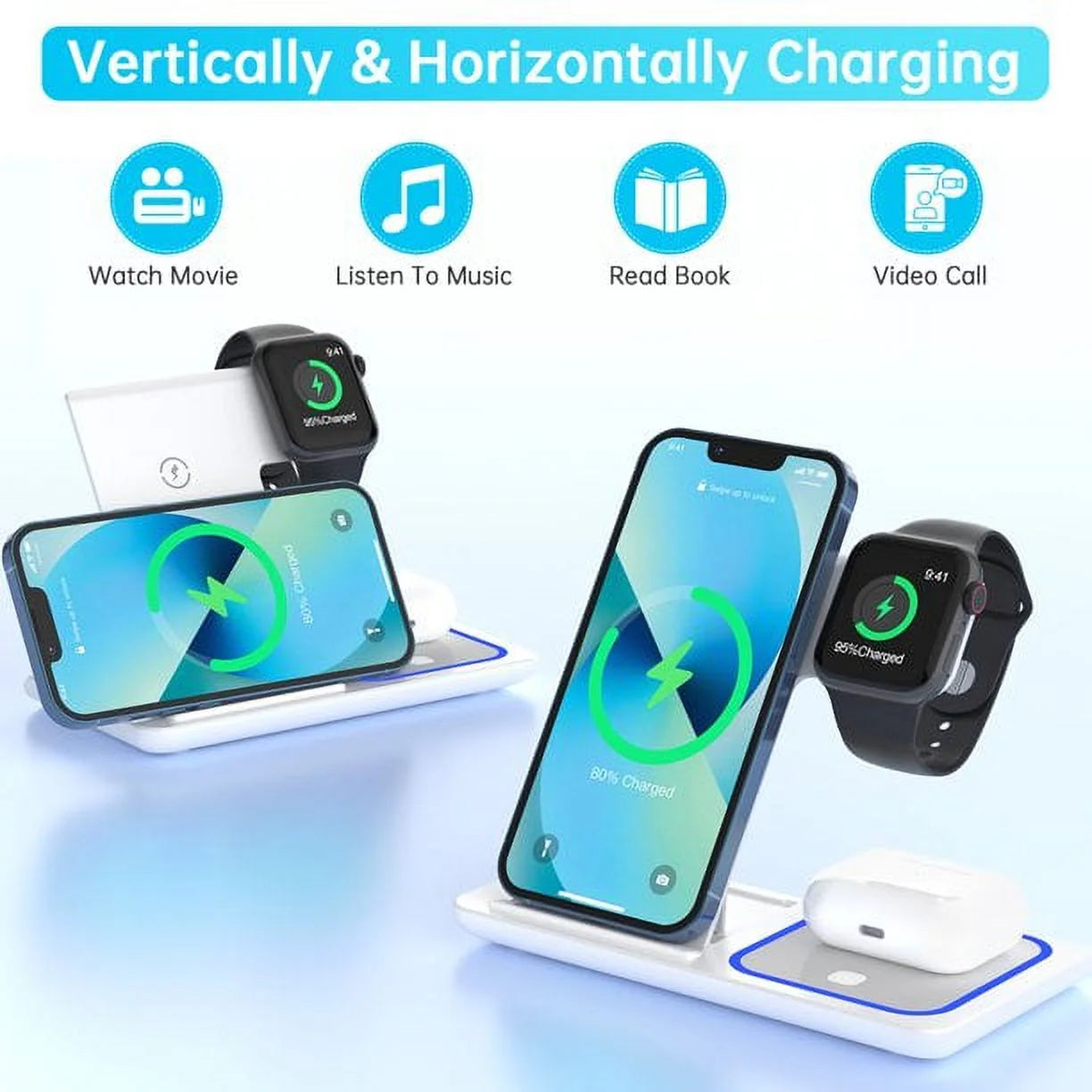 Wireless Charger, 3 in 1 Wireless Charging Station Dock with Breathing Indicator, Fast Charging Stand Compatible with Iphone 15/14/13/12/11 Pro Max/Xs, Apple Watch 8/7/6/5/4, Airpods 3/2/Pro