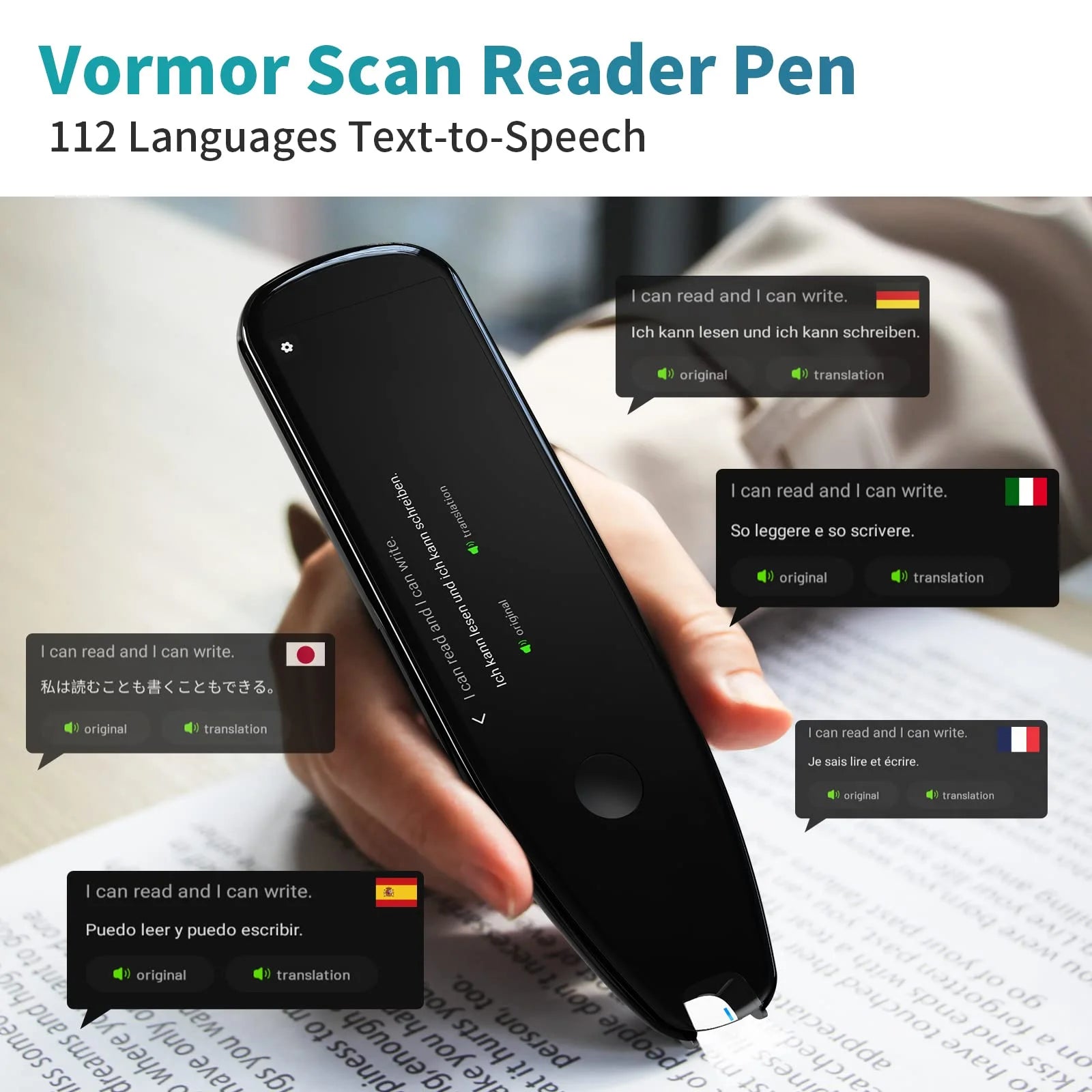 Language Translator Device, Reader Pen Translation Scanner Dictionary Pen with Voice & Camera Translators, Portable Translator for Language Learners, Black